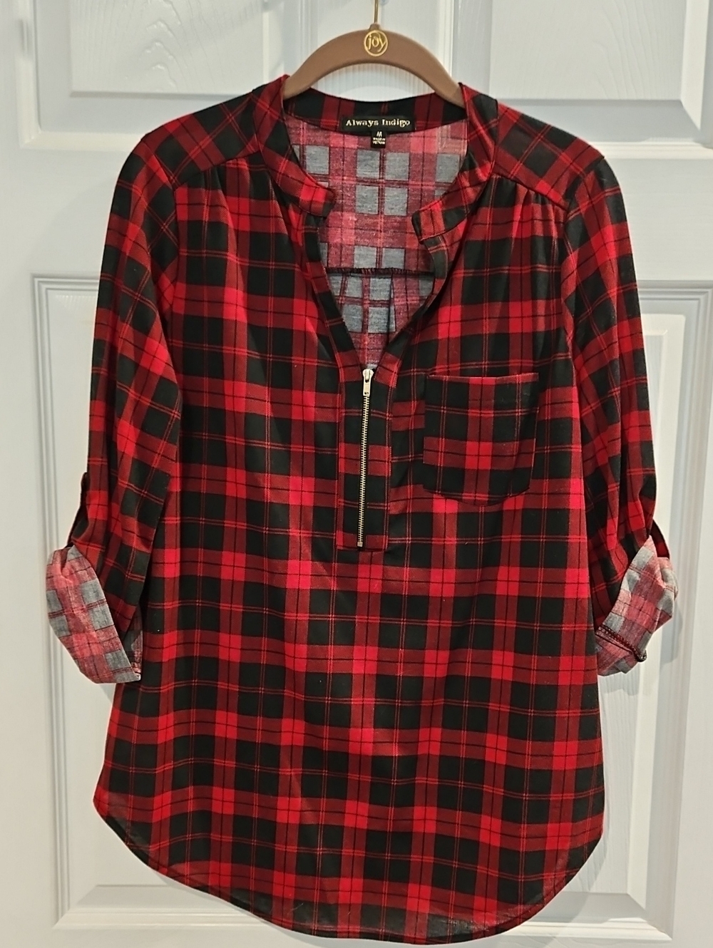 Always Indigo Red & Black Plaid Zip Front Tunic